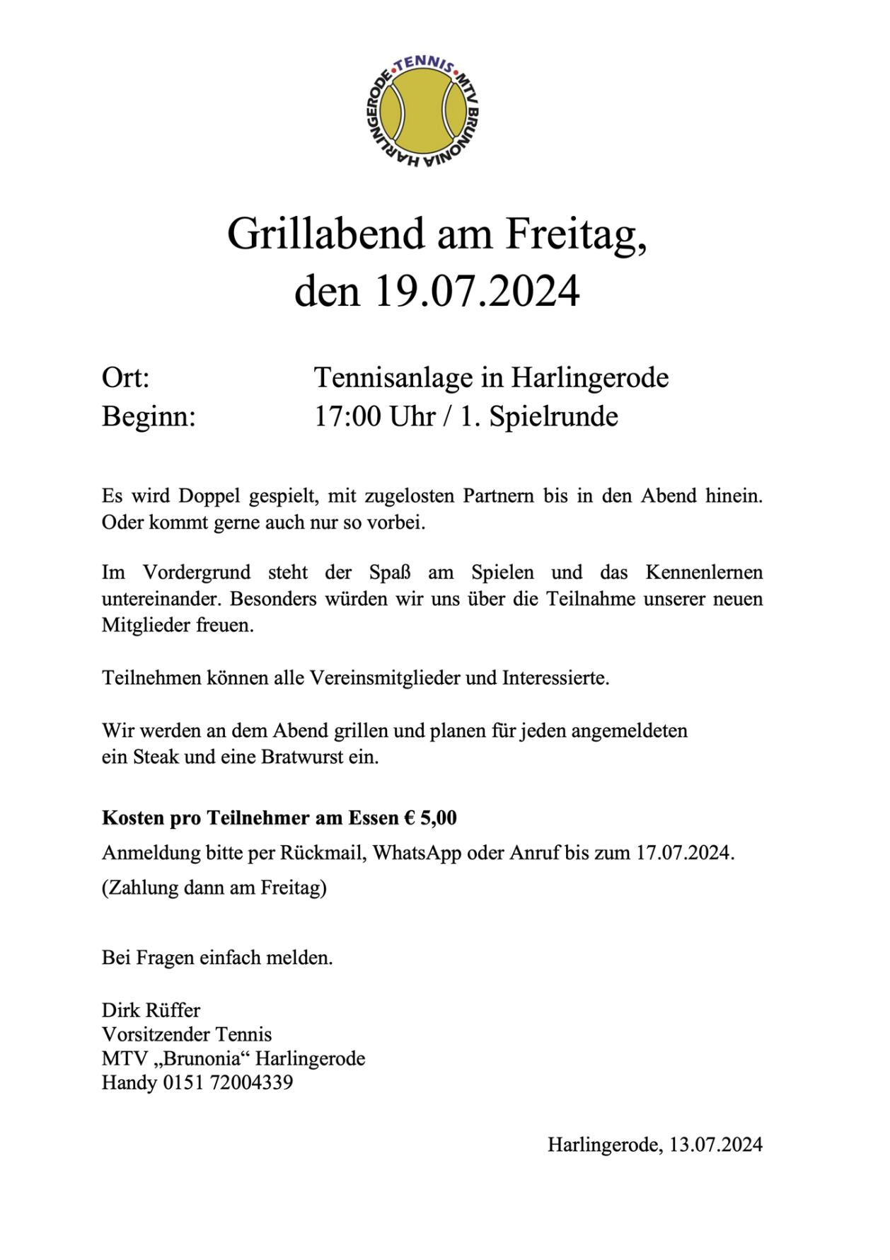 Einladung Grillabend 19.07.2024